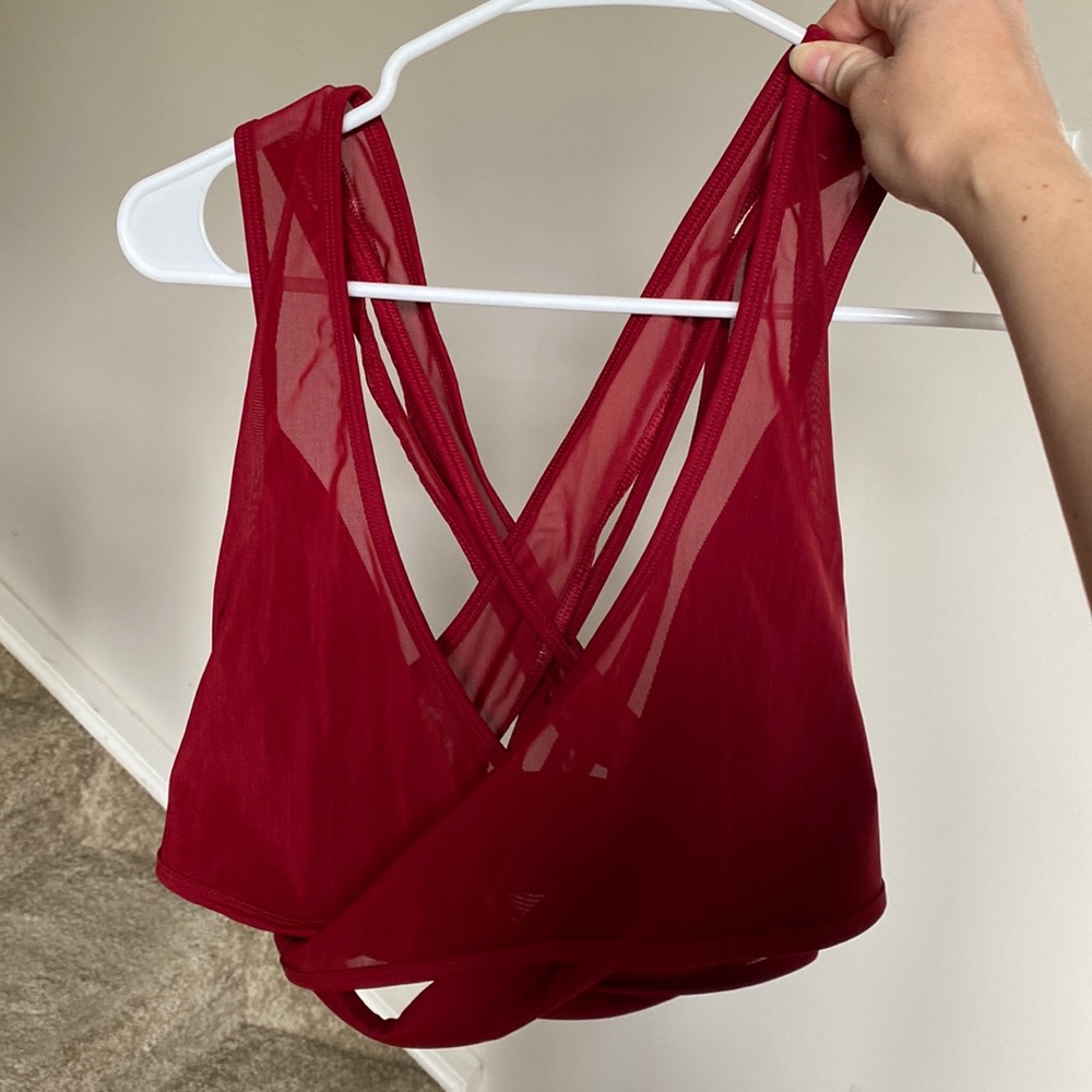 Large red criss-cross Fabletics sports bra